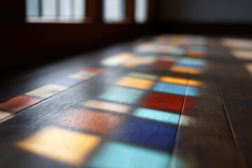 Obraz premium Sunlight casts vibrant patterns on wooden floor, showcasing colo