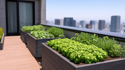 Urban Rooftop Garden with Fresh Herbs and Plants Overlooking Cityscape