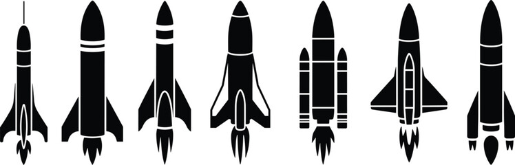 Six unique black rocket silhouettes with varied shapes, fins, and engine designs, arranged in a row, perfect for space exploration and aerospace technology themes