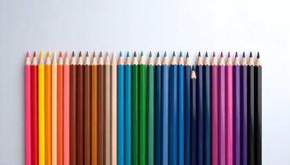 Obraz premium Row of colorful pencils, various shades, neatly arranged, one pencil with a broken tip.