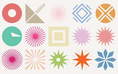 A grid of colorful geometric shapes, including circles, stars, and triangles in pastel and bold tones, conveying a playful and dynamic feel.