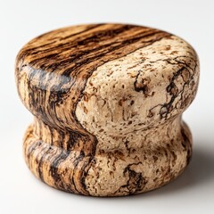 Close-up of a round, wooden knob or button, featuring intricate, swirling grain patterns in dark and light brown tones