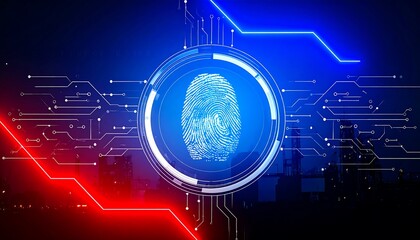 A futuristic graphic displays a fingerprint within a glowing circular interface overlayed on a complex network of circuit lines.