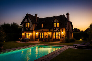 Demeure normande au coucher du soleil