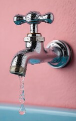 Dripping faucet on pink wall
