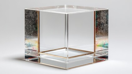 Clear acrylic cube with gilded edges and internal blemishes