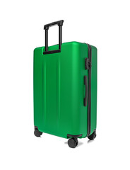A modern green hardcase suitcase with wheels and a retractable handle is displayed isolated on a white studio background, representing travel and mobility.