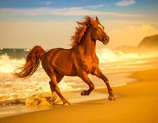 A chestnut horse cantering out of the ocean