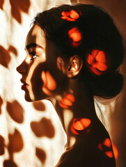 Minimalist flat design of a woman's profile, where her features blur into drifting petals,