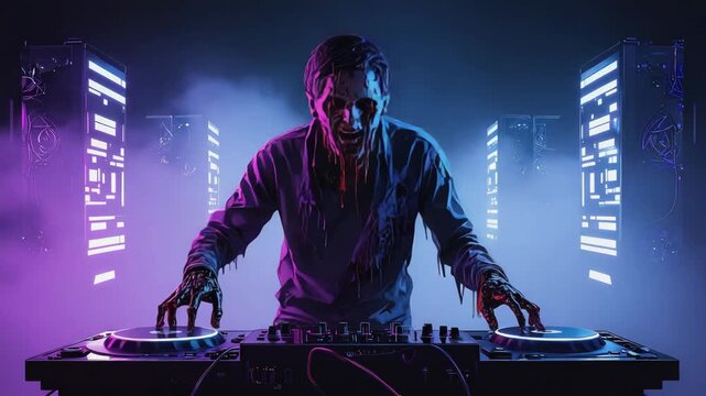 Undead dj with bloody face and clothes is mixing music on a console with futuristic virtual screens floating around, creating a spooky and thrilling party atmosphere