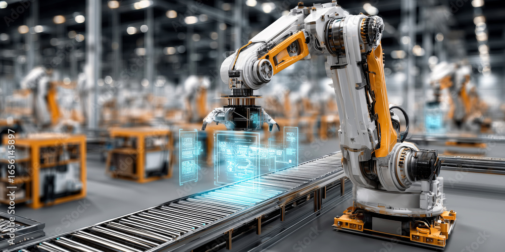 Poster advanced robotic arm operating in a high-tech factory with smart technology display