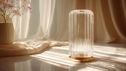 Clear glass table lamp,  soft light,  beige drapes