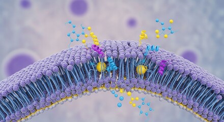 Scientific 3D illustration of molecular transport across a cell membrane with protein channels embedded in the phospholipid bilayer