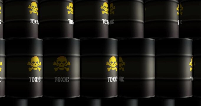 Toxic danger barrels in row seamless and loopable concept. Skull chemical warning industrial containers.