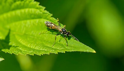 Close-up of a wasp on a vibrant green leaf.