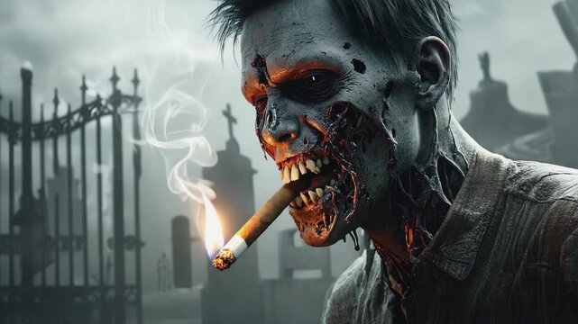 Undead monster with decaying flesh smoking a lit cigar in a graveyard at night, enveloping the scene in a chilling and eerie atmosphere filled with horror and suspense