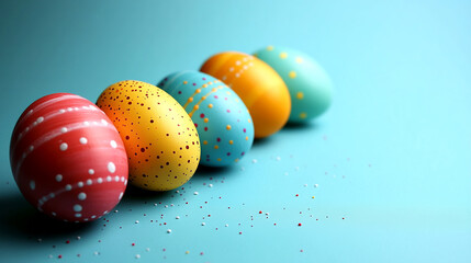 Brightly colored eggs in shades of pink, yellow, and blue are lined up against a soft blue background.