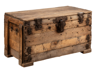 Antique wooden travel trunk with metal hardware isolated on transparent background