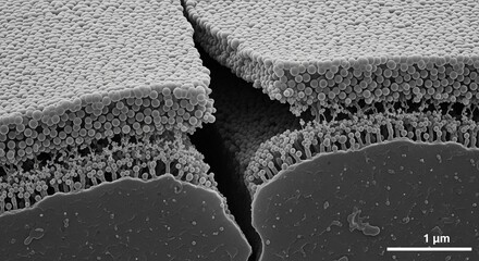 High magnification view of a material fracture, revealing an intricate porous and layered internal structure under a scanning electron microscope