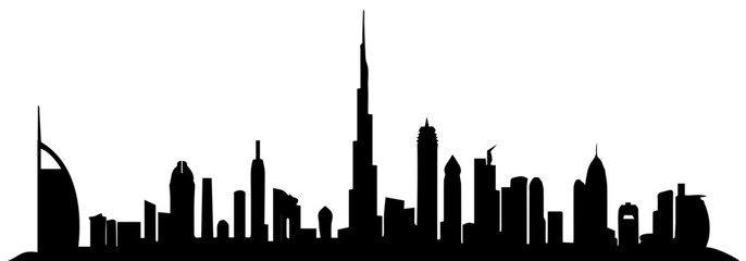 Silhouette skyline of Dubai with iconic landmarks.