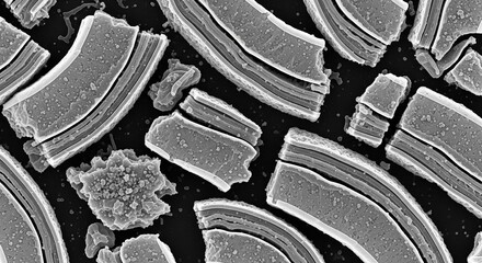 Detailed scanning electron micrograph showing the intricate, fractured layers of a microscopic substance