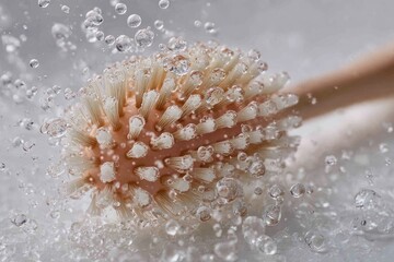 Close-up of a light pink toothbrush head submerged in water, surrounded by water droplets