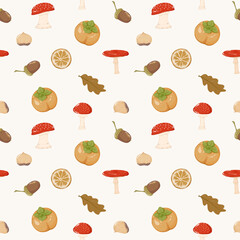 Autumn Harvest Seamless Pattern with Persimmons and Mushrooms