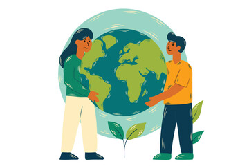 Illustration of two people holding the planet earth together,symbolizing global unity,environmental protection and sustainability