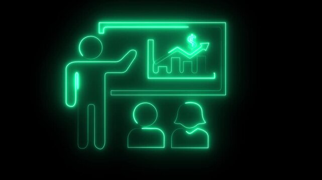 Business training neon icon concept, coaching conceit, teacher and learner, presentation, lesson, education, seminar, symbol background animation