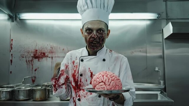 Spooky zombie chef, covered in blood, smiles menacingly while holding a brain on a metal tray in a messy, blood-splattered kitchen, creating a disturbing halloween scene