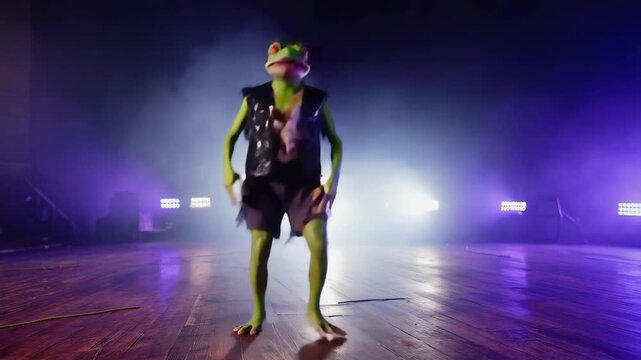 Humanoid frog character with orange eyes and green skin is dancing on a wooden stage with purple smoke and stage lights in the background