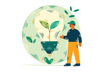 Illustration of a man standing next to a large light bulb with green leaves growing inside,symbolizing renewable energy,eco innovation,and sustainable solutions