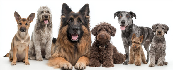 A group of seven dogs of various breeds posing together against a plain white studio background image