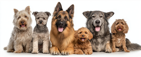 A group of six different dog breeds sitting together on a white background looking at the camera smiling