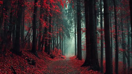 Mystical forest trail with red leaves and fog in autumn season - Powered by Adobe