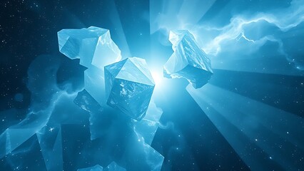Cosmic ice crystals creating intricate geometric light refractions within a vibrant nebula.