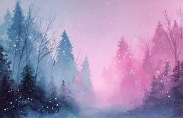A watercolor painting of a snowy forest with tall trees in shades of blue and pink during winter season