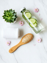 Fresh Spring Wellness and Self-Care Flatlay on Marble