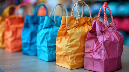 Colorful paper bags on display in a store with blurred background