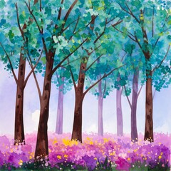 Vibrant watercolor painting of a forest scene with teal trees and a field of purple and yellow flowers