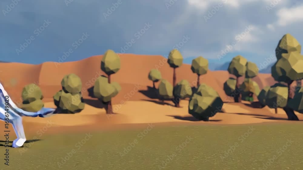 Poster holographic polygonal lion standing in a stylized savannah environment, featuring iridescent texture