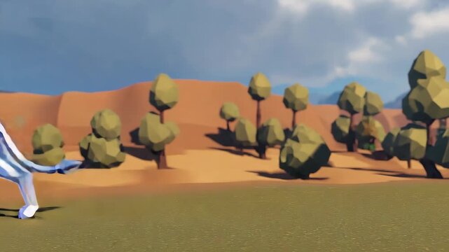Holographic polygonal lion standing in a stylized savannah environment, featuring iridescent textures and low-poly trees and terrain, creating a unique and visually striking scene