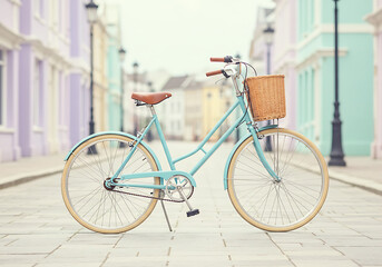 Vintage bicycle parked on cobblestone street in front of colorful buildings, creating a charming and nostalgic scene in a European town, evoking a sense of wanderlust.