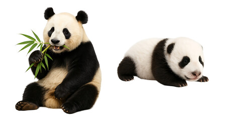 set of pandas on a transparent background. panda eating bamboo on a transparent background. little newborn panda on a transparent background