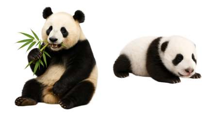 set of pandas on a transparent background. panda eating bamboo on a transparent background. little newborn panda on a transparent background