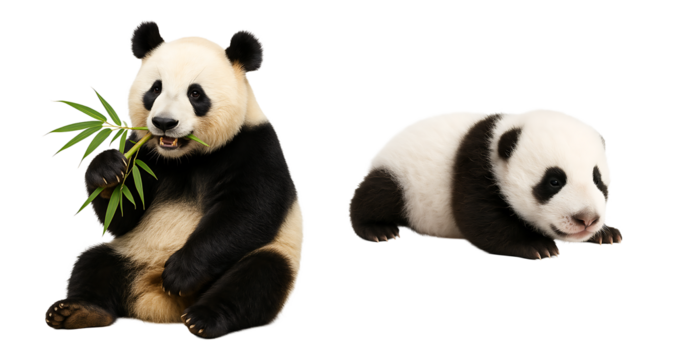 set of pandas on a transparent background. panda eating bamboo on a transparent background. little newborn panda on a transparent background