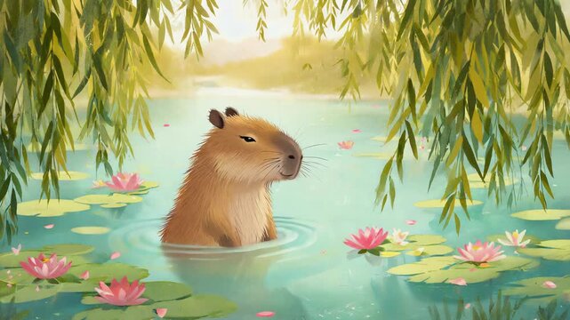 Cute, furry capybara enjoying a peaceful moment in a serene pond, surrounded by blooming water lilies and shaded by graceful willow branches, creating a tranquil and idyllic scene