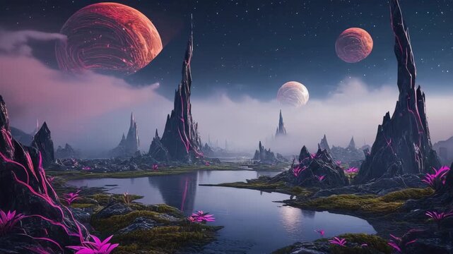 Glowing pink vegetation grows near a lake reflecting towering mountains and exoplanets in a colorful alien landscape under a starry night sky
