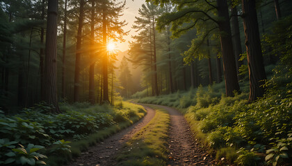 Obraz premium road in the forest, sun, 8k image