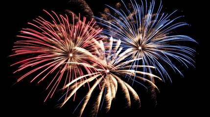 Fototapeta premium Fireworks burst in vibrant red, white, and blue against a black night sky